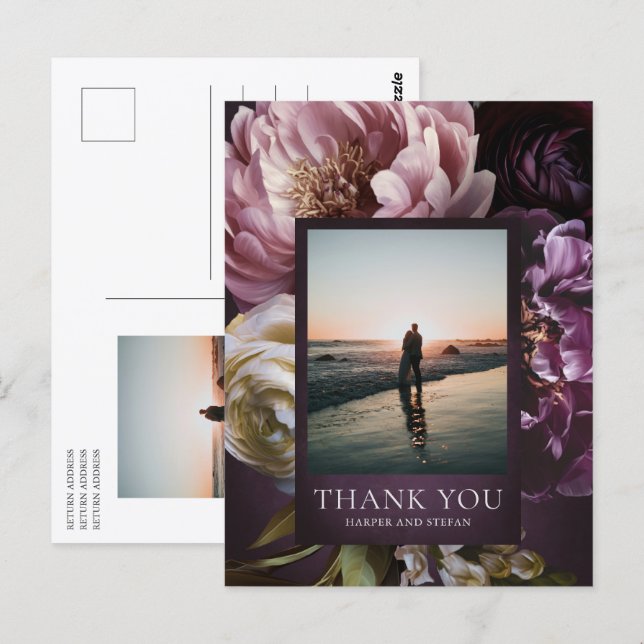 Cartão Postal Elegant Maximalist Purple Floral Wedding Thank You (Frente/Verso)