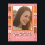 Cartão Postal Elegant Retro Graduate Photo Graduation Thank You<br><div class="desc">Express heartfelt appreciation with this retro graduation thank you graduation postcard featuring a warm pink backdrop, geometric vintage modern border, and your favorite grad graduate photo picture graduation moment. Perfect as graduation party thank you cards or photo graduation thank you postcards, it blends trendy and elegant style for any class...</div>