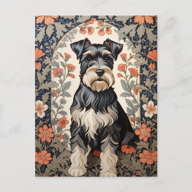 Cartão Postal Elegant Schnauzer William Morris Inspired Floral (Frente)