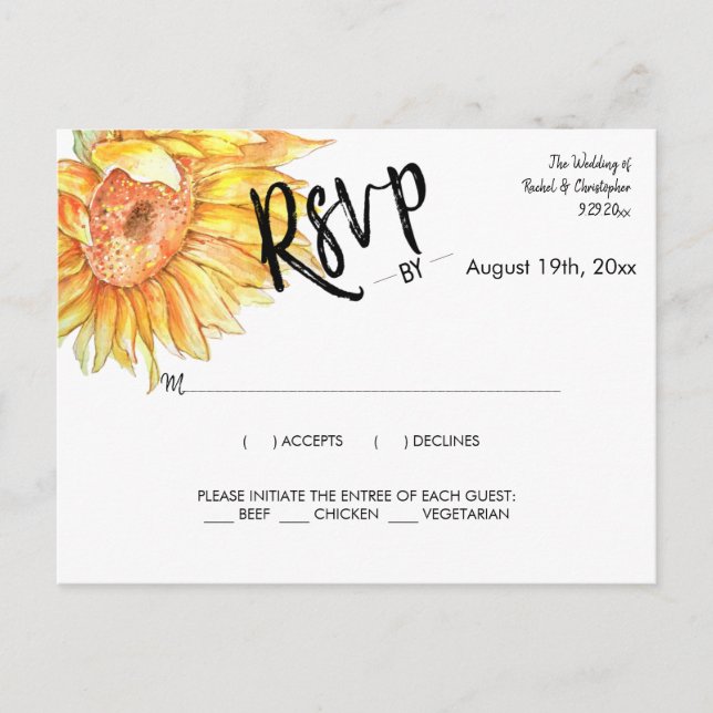 Cartão Postal Elegant Summer Wedding Sunflower Response RSVP (Frente)