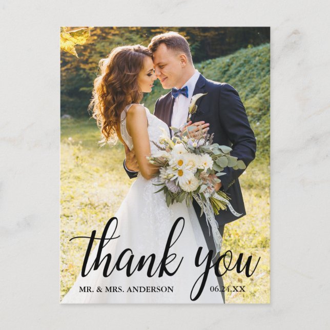 Cartão Postal Elegante Agradecimento de Foto de Casamento em Let (Frente)