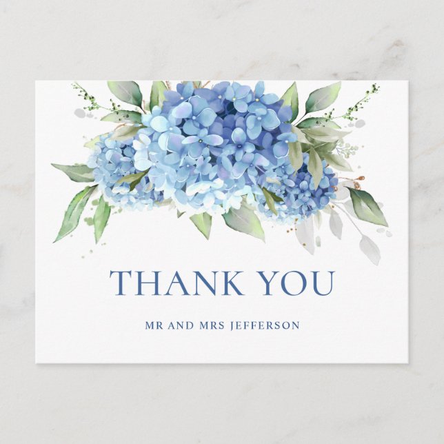 Cartão Postal Elegante Aquarela Azul Hydrangea Boho Obrigado (Frente)