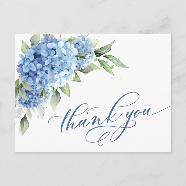 Cartão Postal Elegante Aquarela Azul Hydrangea Flor Obrigado (Frente)