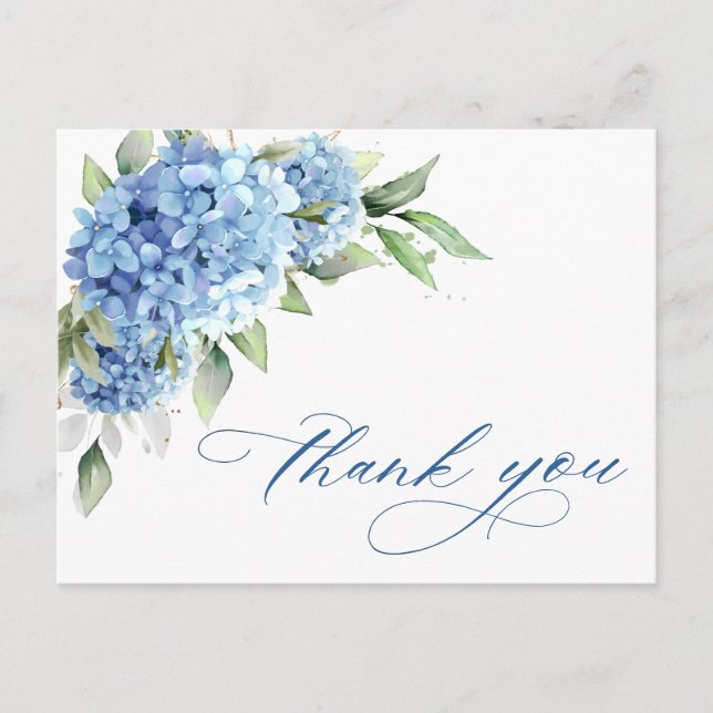 Cartão Postal Elegante Aquarela Azul Hydrangea Flor Obrigado (Frente)