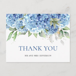 Cartão Postal Elegante Aquarela Azul Hydrangea Flor Obrigado