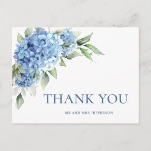 Cartão Postal Elegante Aquarela Azul Hydrangea Flor Obrigado