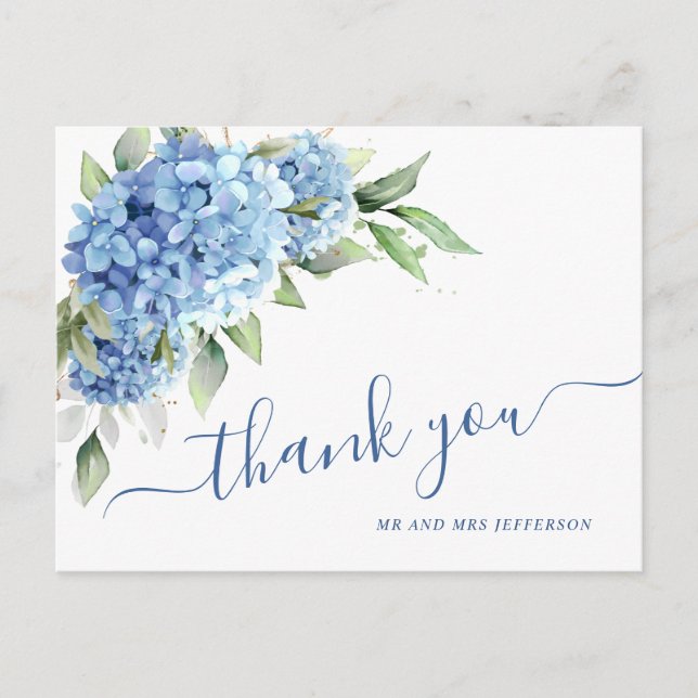 Cartão Postal Elegante Aquarela Azul Hydrangea Flor Obrigado (Frente)