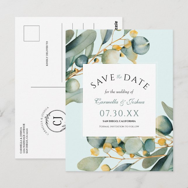 Cartão Postal Elegante Aquarela Eucalyptus Boho Salvar A Data (Frente/Verso)