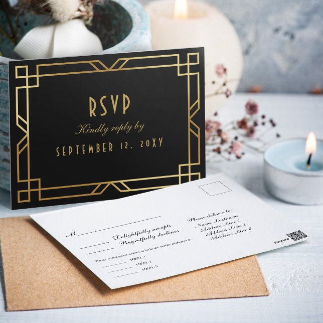 Cartão Postal Elegante Art Deco Black Dourado Frame Meal Choice  (Criador carregado)