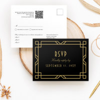 Elegante Art Deco Black Dourado Frame RSVP Simples