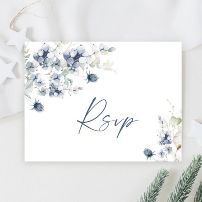 Cartão Postal Elegante azul de inverno Foliage Watercolor RSVP (Criador carregado)