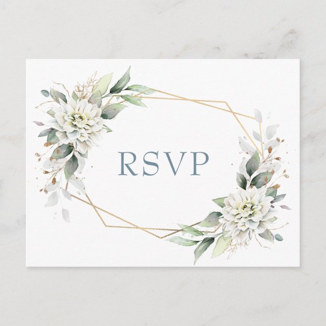 Cartão Postal Elegante Azul Verde Floral Verde Aquarela RSVP (Frente)