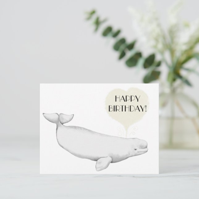 Cartão Postal Elegante Beluga Baleia Ilustração Feliz Aniversári (Em pé/Frente)