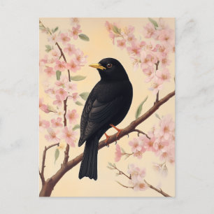 Cartão Postal Elegante Blackbird em Blossoms
