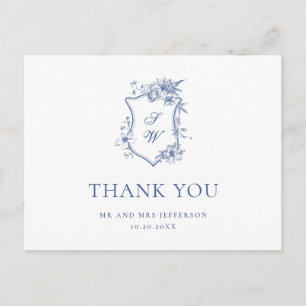 Cartão Postal Elegante Blue French Garden Floral Obrigado