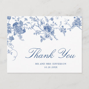 Cartão Postal Elegante Blue French Garden Floral Obrigado