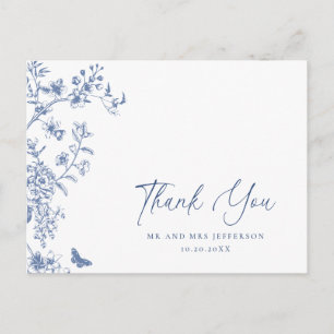 Cartão Postal Elegante Blue French Garden Floral Obrigado