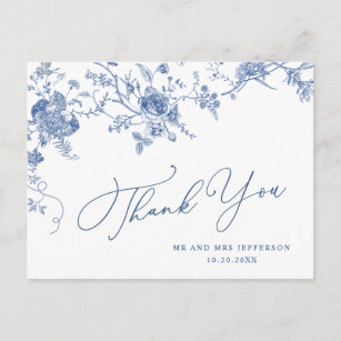 Cartão Postal Elegante Blue French Garden Floral Obrigado