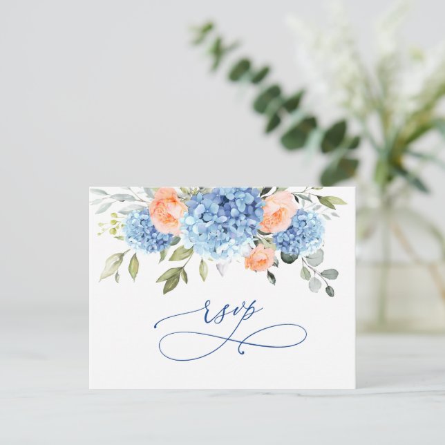Cartão Postal Elegante Blue Hydrangea Blush Rosas Weding RSVP (Em pé/Frente)