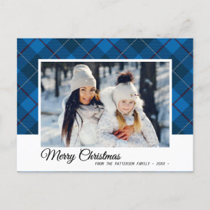 Cartão Postal Elegante Blue Tartan   Feliz Natal - Foto da Famíl
