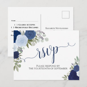 Cartão Postal Elegante Blue Watercolor Rosas de Casamento RSVP