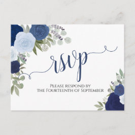 Cartão Postal Elegante Blue Watercolor Rosas de Casamento RSVP