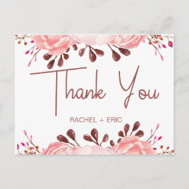 Cartão Postal Elegante Blush Floral Casamento Obrigado Cartão-Po