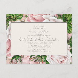 Cartão Postal Elegante Blush Pink Floral e Noivado de Creme