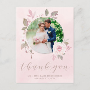 Cartão Postal Elegante Blush Rosa Floral Foto De Casamento Flora