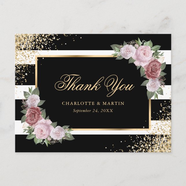Cartão Postal Elegante Blush Rosa Floral Obrigado Dourado Preto (Frente)