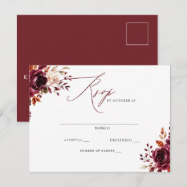 Cartão Postal Elegante Boho Borgonha Floral de Outono RSVP