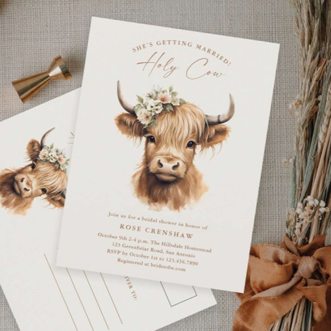Cartão Postal Elegante Boho Highland Cow Chá de panela (Boho highland cow bridal shower invitaiton postcard.)