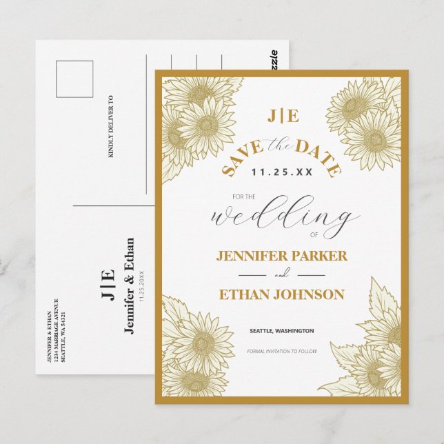 Cartão Postal Elegante Boho Sunflower Botanic Salvar Data (Frente/Verso)
