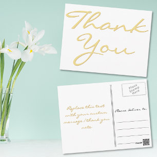 Cartão Postal Elegante Branco Moderno Falso Script Obrigado Dour