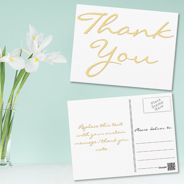 Cartão Postal Elegante Branco Moderno Falso Script Obrigado Dour (Modern White Elegant Faux Gold Script Thank You Postcard)