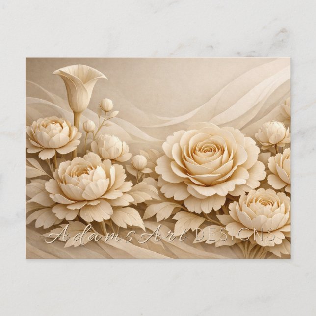 Cartão Postal Elegante Buquê de Flores de Papel Bege (Frente)