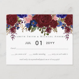 Cartão Postal Elegante Burgundy Blue Floral Wedch RSVP