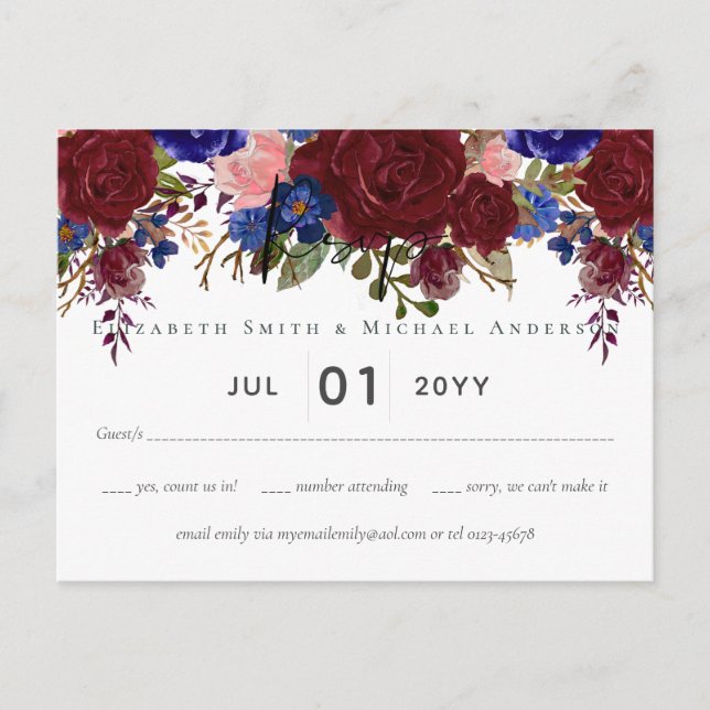 Cartão Postal Elegante Burgundy Blue Floral Wedch RSVP (Frente)