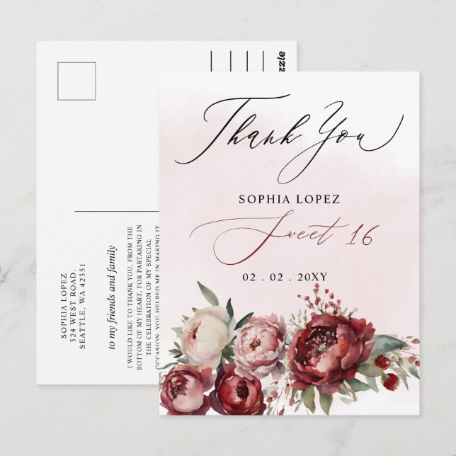 Cartão Postal Elegante Burgundy Blush Floral Sweet 16 Obrigado (Frente/Verso)