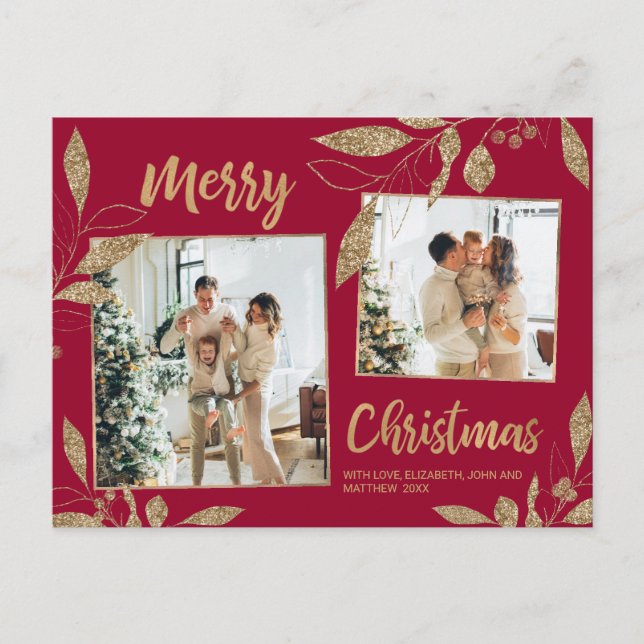 Cartão Postal Elegante Burgundy Dourada Botânica 2 Foto Natal (Frente)
