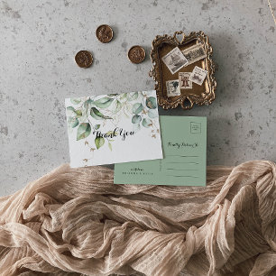 Cartão Postal Elegante Caligrafia de Agradecimento com Folhagens