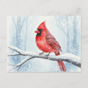 Cartão Postal Elegante Cardinal Vermelho Aquarela Inverno Neve