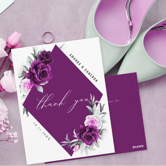 Cartão Postal Elegante Casamento Roxo Roxo Roxo Obrigado (Criador carregado)