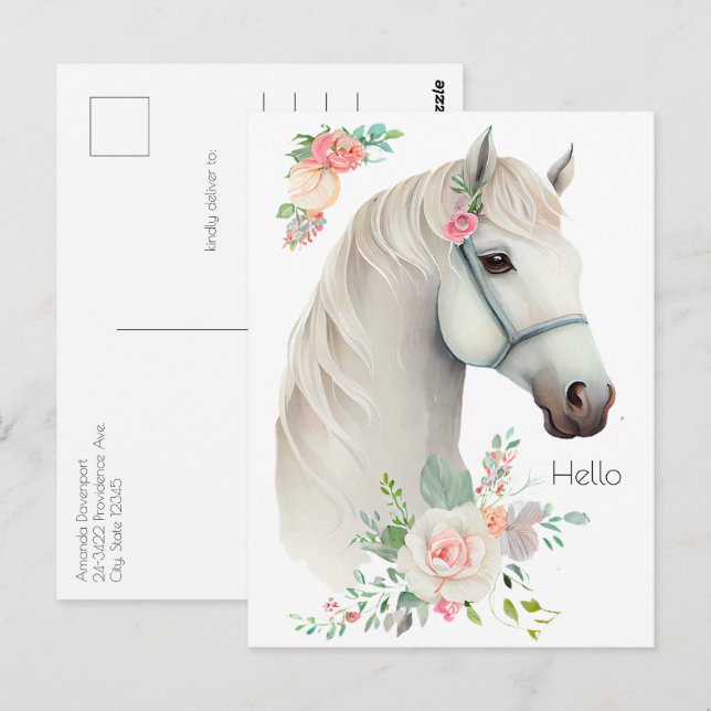 Cartão Postal Elegante Cavalo Branco Boho Floral (Frente/Verso)