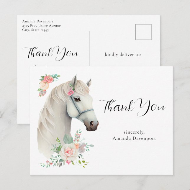 Cartão Postal Elegante Cavalo Branco Boho Floral Obrigado (Frente/Verso)