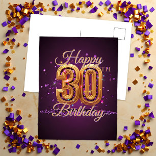 Cartão Postal Elegante Celebração de 30 Anos em Roxo e Dourado