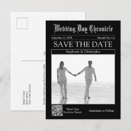Cartão Postal Elegante Código QR Preto Jornal Casamento Salve a