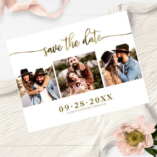 Cartão Postal Elegante colagem de 3 fotos para casamento Save Th