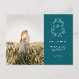 Cartão Postal Elegante Conto Azul Foto Casamento Salvar a Data
