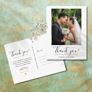 Cartão Postal Elegante Coração Dourado Casamento Foto Obrigado